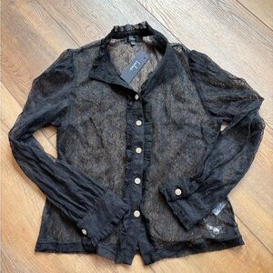 Lulu's Black Sheer Lace Button-Down Shirt